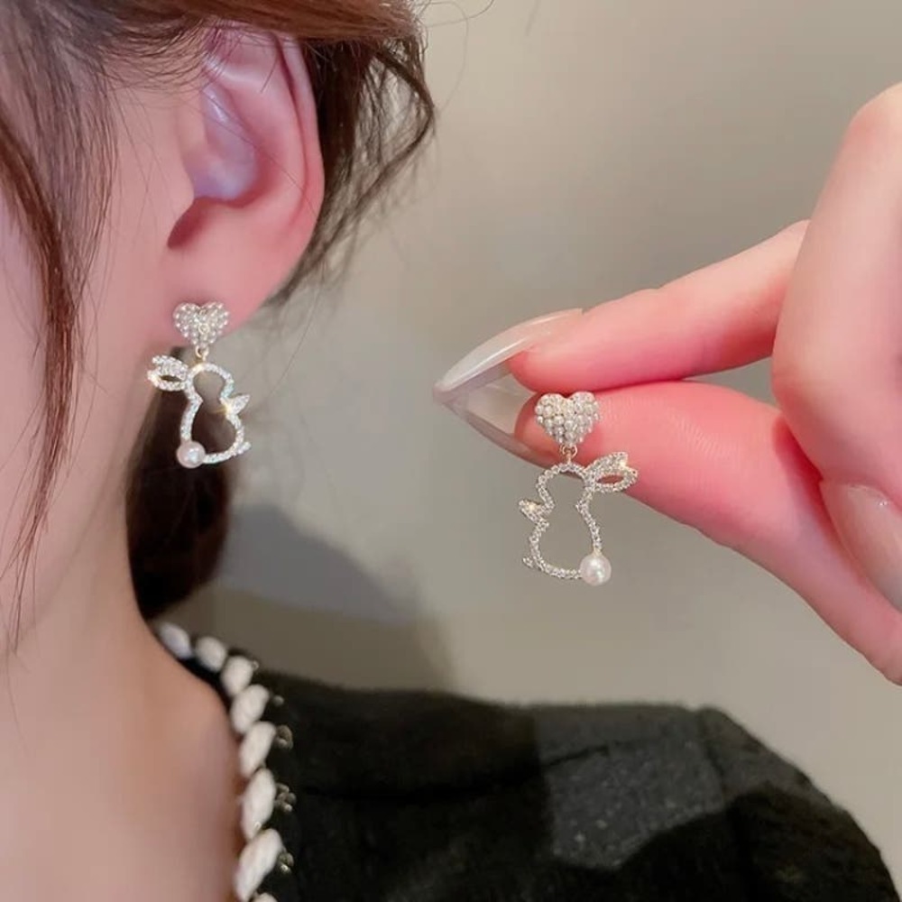 Pearl And Rhinestone Dangle Easter Bunny Rabbit Earring Pair